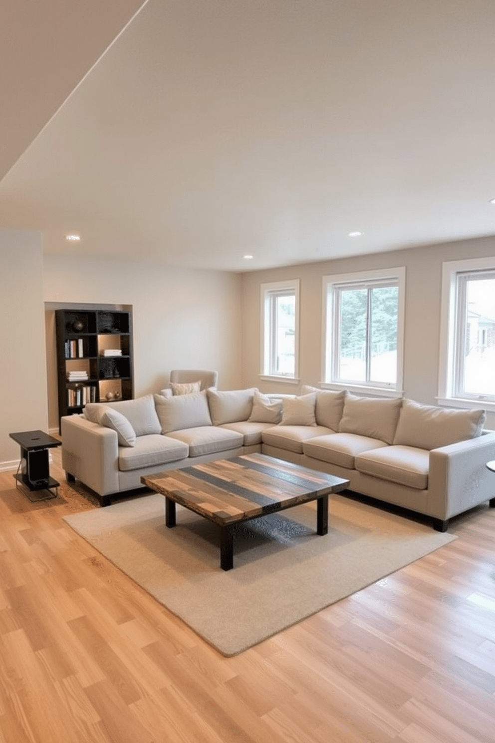 A contemporary basement designed for relaxation and entertainment, featuring a neutral color palette that promotes a calm atmosphere. The walls are painted in soft beige, complemented by a plush light gray sectional sofa and a sleek coffee table made of reclaimed wood. In one corner, a cozy reading nook is created with a comfortable armchair, a small bookshelf, and warm ambient lighting. The flooring is a light oak, and large windows allow natural light to flood the space, enhancing the serene environment.