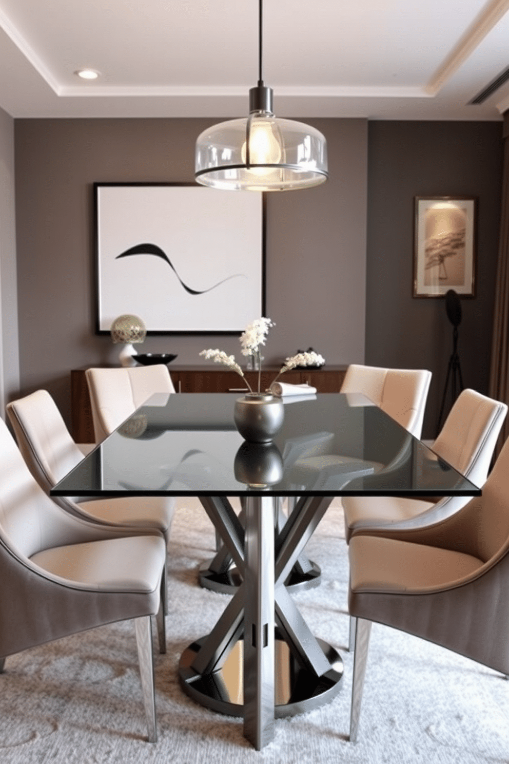 A sleek glass dining table with metal accents takes center stage in a contemporary dining room. Surrounding the table are stylish upholstered chairs in a neutral tone, enhancing the modern aesthetic. The walls are adorned with minimalist artwork, adding a touch of sophistication to the space. A statement pendant light hangs above the table, casting a warm glow that invites intimate gatherings.