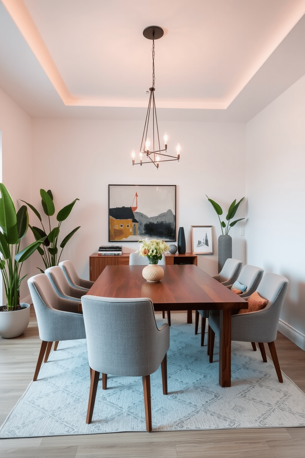 A contemporary dining room featuring a sleek wooden table surrounded by upholstered chairs in a soft gray fabric. Large potted plants in the corners add a fresh vibe, while a modern chandelier hangs above, casting warm light over the space. The walls are painted in a crisp white, complemented by abstract artwork that adds a pop of color. A stylish sideboard against one wall showcases decorative items and serves as additional storage for dining essentials.