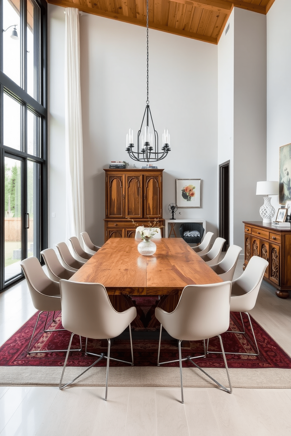 A contemporary dining room that seamlessly blends vintage and modern furniture styles. The centerpiece is a large, reclaimed wood dining table surrounded by sleek, minimalist chairs with metal legs. On one side of the room, a vintage sideboard with intricate carvings complements the modern aesthetic. Large windows allow natural light to flood in, highlighting the contrast between the warm wood tones and cool, contemporary decor.