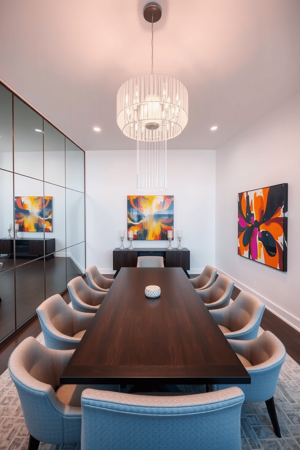 A contemporary dining room featuring large floor-to-ceiling mirrors on one wall, reflecting natural light and creating an illusion of space. The dining table is a sleek, rectangular design made of dark wood, surrounded by upholstered chairs in a soft gray fabric. A striking chandelier hangs above the table, casting a warm glow over the space. The walls are painted in a crisp white, while a vibrant piece of abstract artwork adds a pop of color to the room.