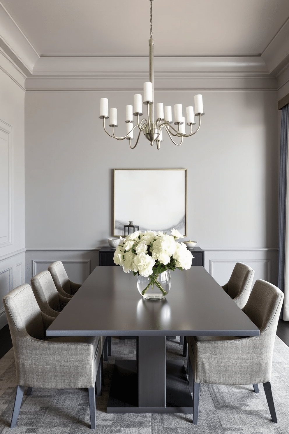 A contemporary dining room featuring a monochromatic color scheme that exudes elegance. The walls are painted in a soft gray, complemented by a sleek dining table in a darker shade of gray, surrounded by upholstered chairs in a matching fabric. A striking centerpiece of white flowers sits atop the table, enhancing the sophisticated atmosphere. Ambient lighting from a modern chandelier casts a warm glow, highlighting the subtle textures of the room's decor.