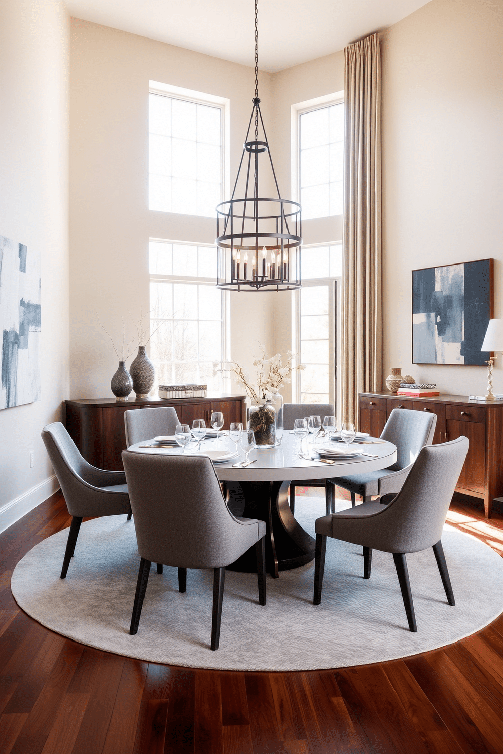 A round dining table is the centerpiece of this contemporary dining room, surrounded by sleek upholstered chairs in a soft gray fabric. The walls are adorned with abstract art, and a modern chandelier hangs above, casting a warm glow over the space. Natural light floods in through large windows, highlighting the rich wood flooring and the elegant table setting. A stylish sideboard against one wall provides both storage and display space for decorative items and tableware.