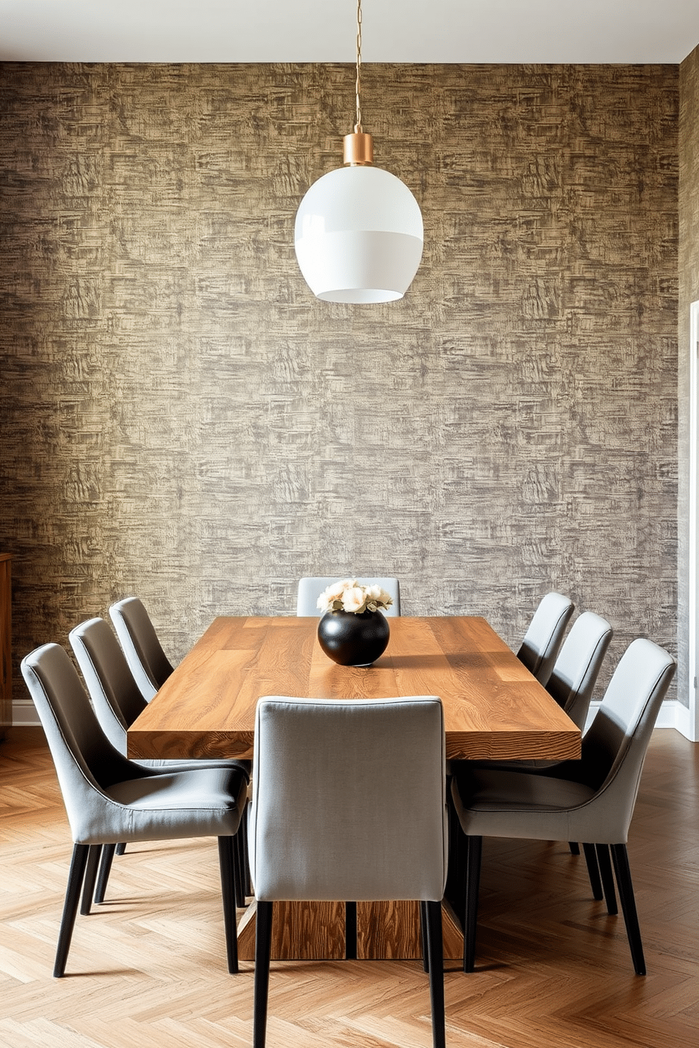 A contemporary dining room features textured wallpaper that serves as a dramatic backdrop, enhancing the overall aesthetic of the space. The dining table is made of reclaimed wood, surrounded by sleek, upholstered chairs in a muted color palette to create a harmonious contrast.