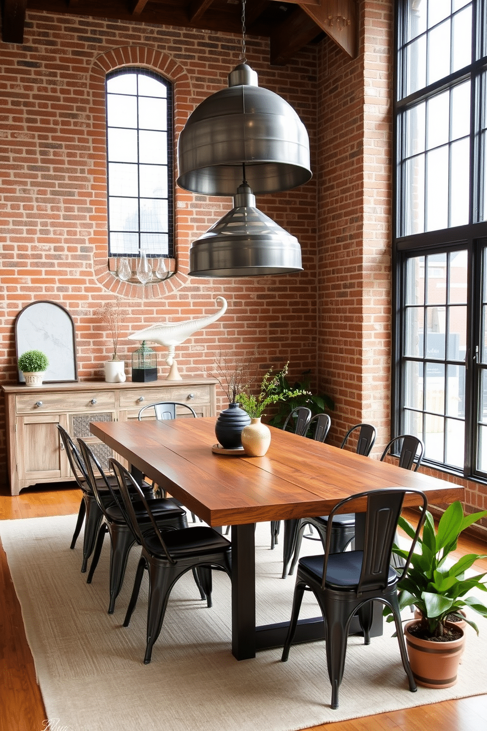 A contemporary dining room featuring industrial-style elements blended with rustic charm. The space showcases a large reclaimed wood dining table surrounded by metal chairs, with exposed brick walls and large windows allowing natural light to flood the room. Hanging above the table, a striking metal chandelier adds an artistic touch, while a vintage sideboard made of distressed wood provides storage. The floor is adorned with a soft area rug that complements the color palette, and potted greenery adds a fresh, inviting atmosphere.