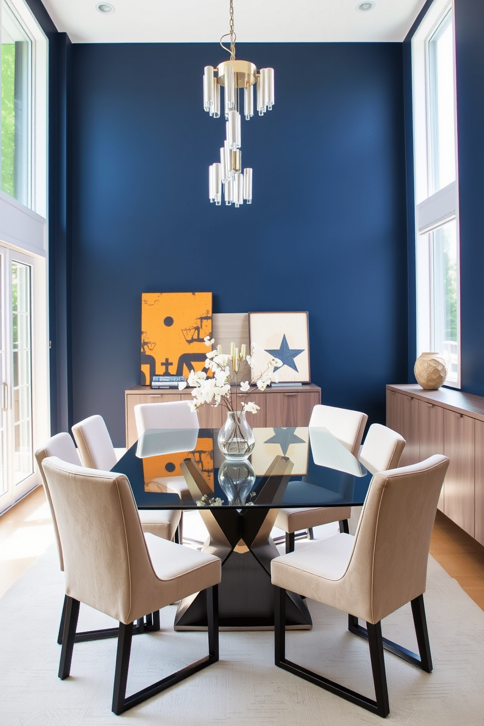 A contemporary dining room featuring an accent wall painted in a bold navy blue, creating a striking focal point in the space. The room is furnished with a sleek glass dining table surrounded by modern upholstered chairs in a neutral tone, harmonizing with the vibrant wall. Natural light floods the room through large windows, highlighting a stylish chandelier that hangs above the table. A minimalist sideboard against the opposite wall adds functionality while maintaining the room's open and airy feel.