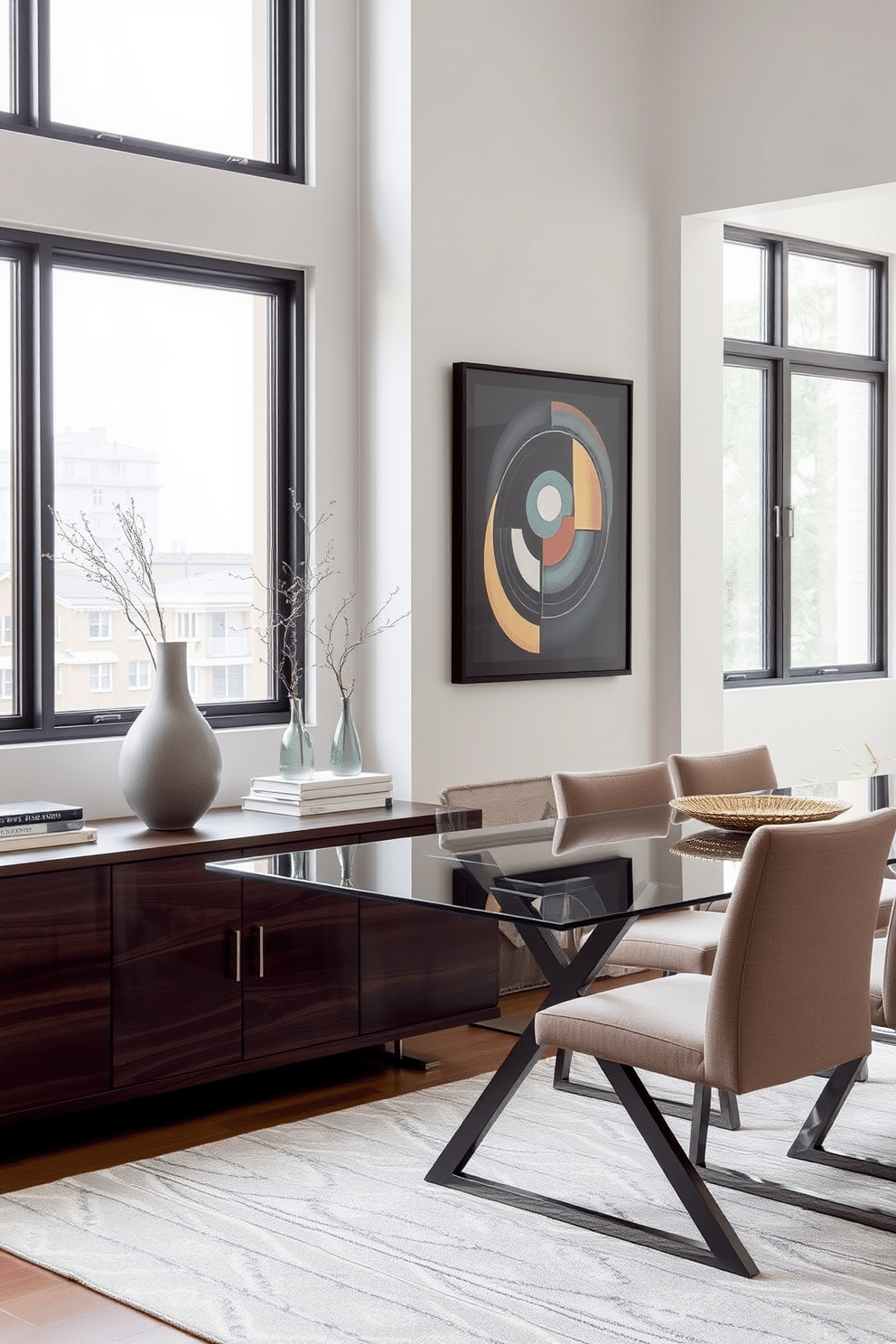 A contemporary dining room features a sleek, minimalist sideboard made of dark wood, providing both storage and a stylish focal point. The sideboard is adorned with decorative items such as a modern vase and a few art books, complementing the overall aesthetic of the room. The dining table is a statement piece, crafted from glass and supported by a geometric metal base, surrounded by upholstered chairs in a neutral fabric. Large windows allow natural light to flood the space, highlighting the subtle color palette of soft grays and whites, with a bold piece of artwork on the wall adding a pop of color.