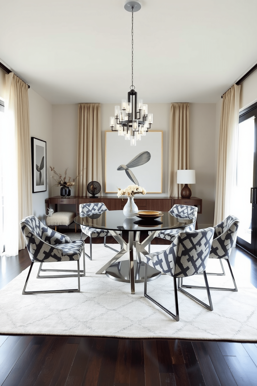 A contemporary dining room features a sleek, round table made of glass with modern metal legs, surrounded by upholstered chairs in a bold, geometric pattern. A large area rug in a soft, neutral tone anchors the space, adding warmth and texture while defining the dining area. The walls are adorned with minimalist artwork, and a statement chandelier hangs above the table, providing a focal point and ambient lighting. Large windows allow natural light to flood the room, complemented by sheer drapes that add an airy feel to the contemporary design.