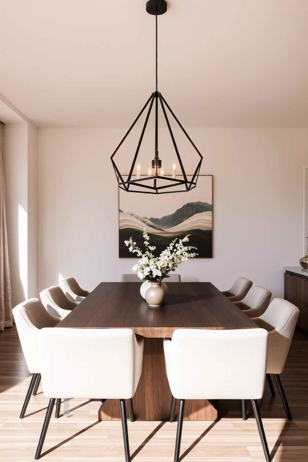 A contemporary dining room featuring a sleek, bold geometric light fixture hanging overhead, casting a warm glow over the space. The dining table is made of dark wood, surrounded by modern upholstered chairs in a neutral palette, creating an inviting atmosphere for gatherings.