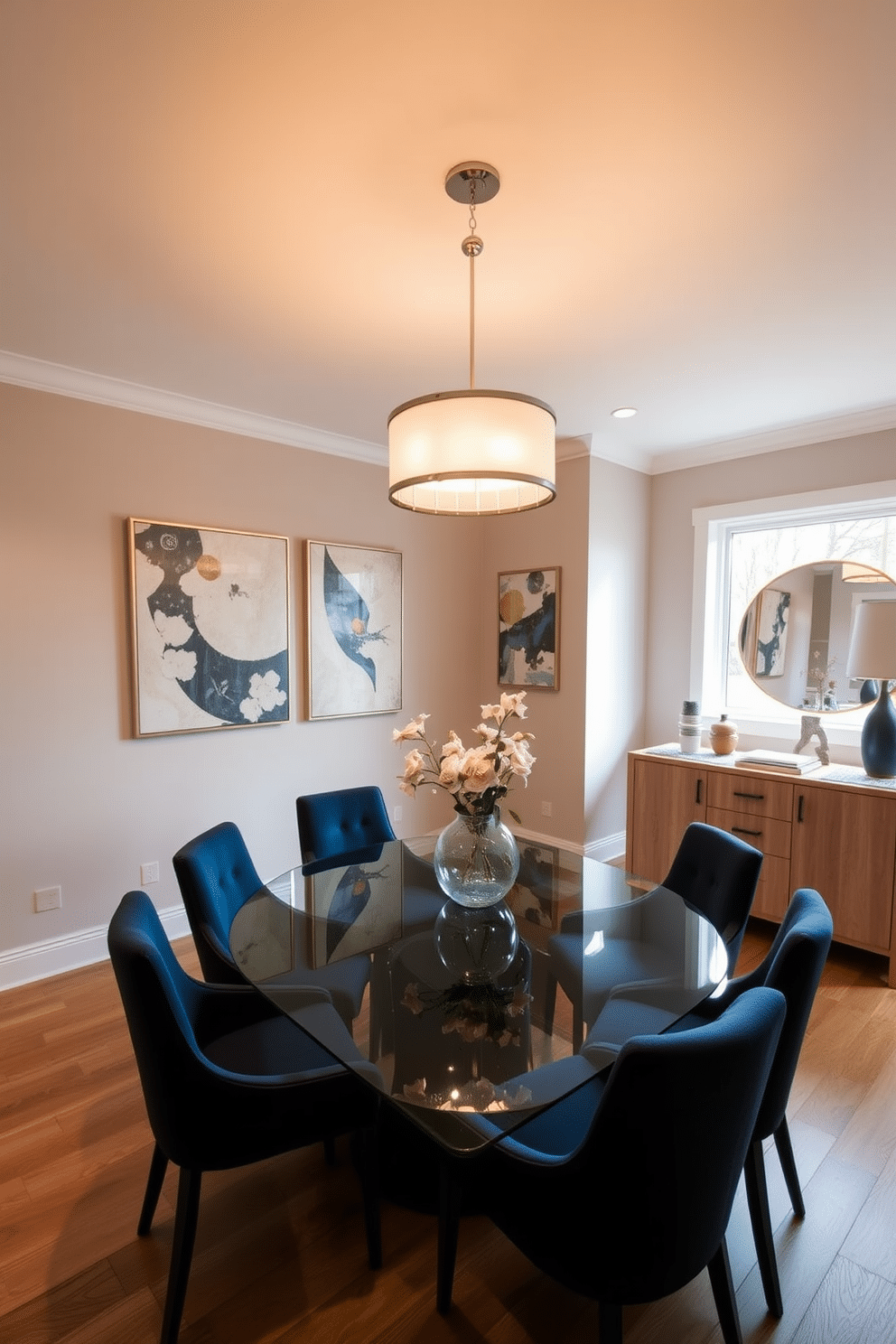 A contemporary dining room featuring a sleek glass table surrounded by upholstered chairs in a rich navy hue. Soft, ambient lighting is provided by a modern chandelier that casts a warm glow over the space, enhancing the inviting atmosphere. The walls are adorned with abstract art pieces that add a pop of color, while a large window allows natural light to flood the room during the day. A stylish sideboard in a light wood finish complements the decor, showcasing elegant tableware and decorative accents.