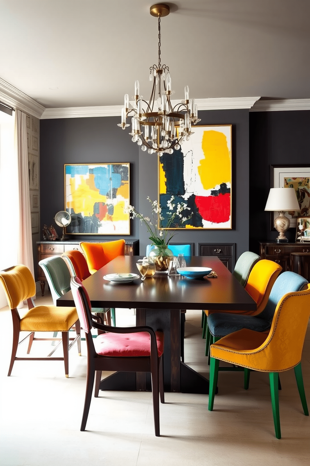 An eclectic dining room features a vibrant mix of dining chair styles, combining vintage, modern, and artistic pieces that create visual interest. The table is a sleek, dark wood option that contrasts beautifully with the colorful upholstery of the chairs, inviting conversation and comfort. The walls are adorned with abstract art, adding a pop of color and personality to the space. A statement chandelier hangs above the table, casting a warm glow that enhances the inviting atmosphere of this contemporary dining area.