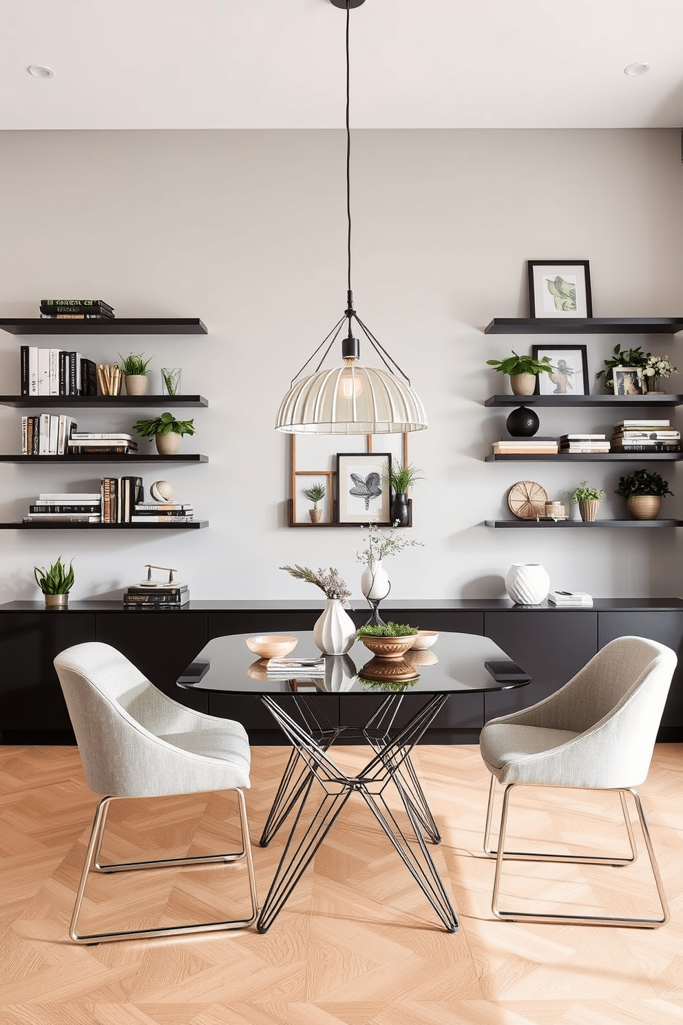 A contemporary dining room featuring sleek floating shelves adorned with curated decorative items. The shelves are mounted on a light gray wall, showcasing a mix of books, plants, and art pieces that add personality to the space. The dining table is a modern design with a glass top and minimalist metal legs, surrounded by stylish upholstered chairs. A statement pendant light hangs above the table, casting a warm glow and enhancing the room's inviting atmosphere.