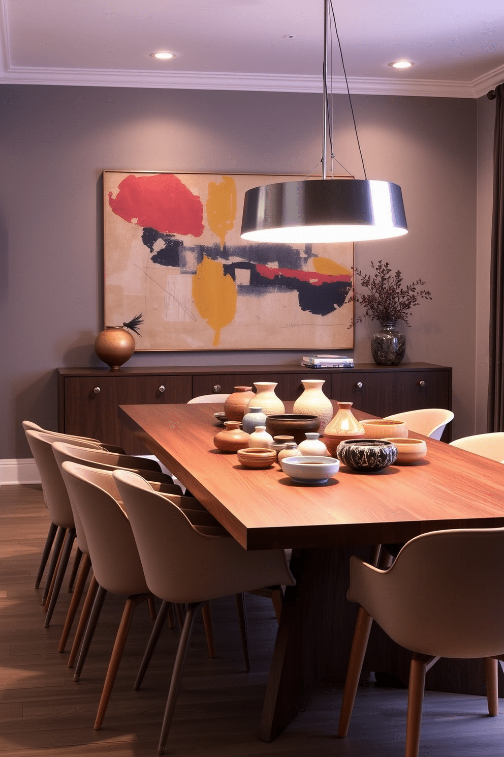 A contemporary dining room features a sleek wooden table adorned with artisan pottery as the centerpiece, showcasing a variety of unique shapes and vibrant glazes. Surrounding the table are modern, minimalist chairs in neutral tones, creating a harmonious balance with the colorful pottery. The walls are painted in a soft gray, complemented by a large abstract painting that adds a pop of color to the space. Warm lighting from a stylish pendant fixture casts a welcoming glow, enhancing the inviting atmosphere of the dining area.