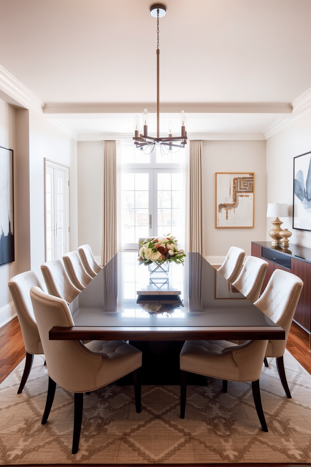 A contemporary dining room featuring a sleek wooden table with a glossy finish, surrounded by plush upholstered chairs in a neutral tone. The walls are adorned with abstract art pieces, and a modern chandelier hangs above, casting a warm glow over the space. Large windows allow natural light to flood in, highlighting the crisp white linens elegantly draped over the table. A centerpiece of fresh flowers adds a touch of color, while a stylish sideboard against one wall provides both storage and display space.