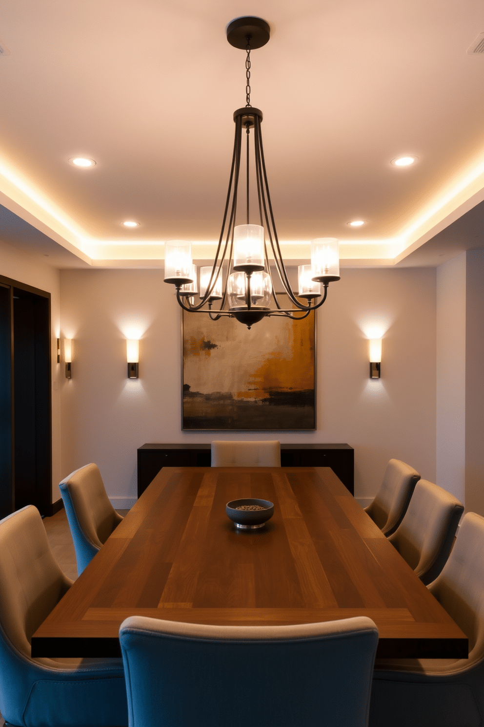 A contemporary dining room featuring layered lighting with dimmable options. The space includes a sleek wooden dining table surrounded by upholstered chairs, with a statement chandelier hanging above. Soft wall sconces provide ambient light, while recessed ceiling lights offer additional brightness when needed. A large abstract painting adorns the wall, complementing the warm color palette of the room.