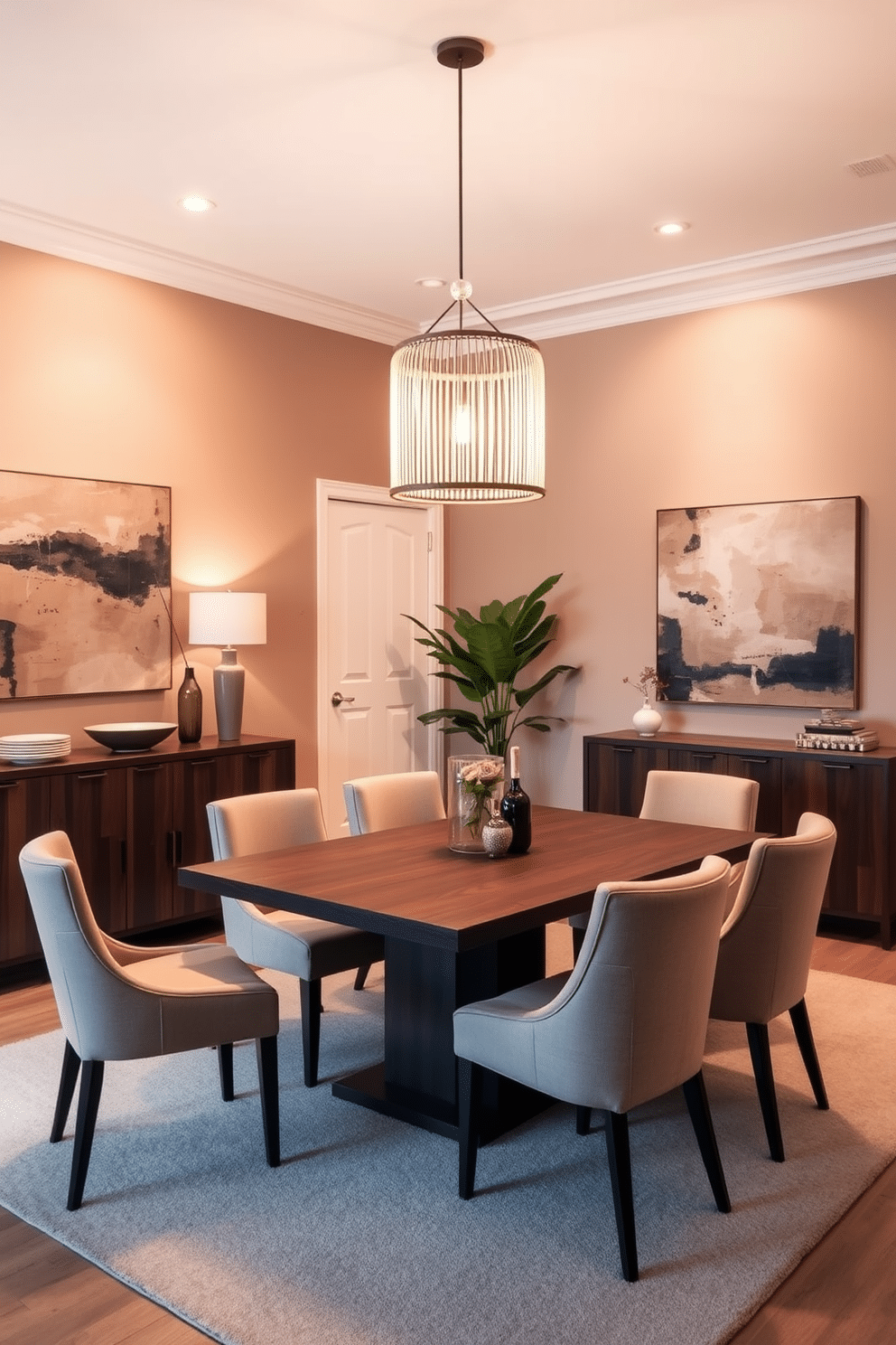 A contemporary dining room bathed in soft, ambient lighting creates an inviting atmosphere for cozy dinners. The space features a sleek wooden dining table surrounded by plush upholstered chairs, complemented by a striking pendant light that casts a warm glow. The walls are painted in a soft taupe, enhancing the room's warmth, while a large abstract painting adds a pop of color. A stylish sideboard against one wall displays elegant tableware, and a lush indoor plant in the corner brings a touch of nature indoors.