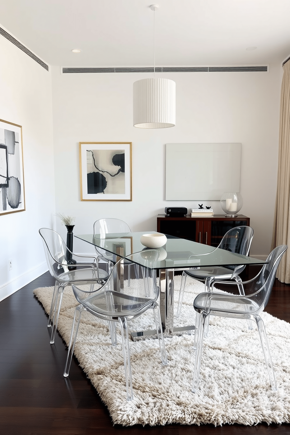 A contemporary dining room features translucent chairs that create a sense of openness and lightness in the space. The table is a sleek, rectangular design made of glass, surrounded by the elegant chairs that allow for unobstructed views and a modern aesthetic. The walls are adorned with abstract art that complements the minimalist theme, while a statement pendant light hangs above the table, providing a warm glow. A plush area rug anchors the seating area, adding texture and comfort to the overall design.