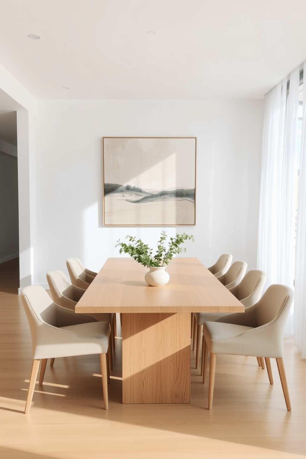 A minimalist dining room features a sleek, rectangular table made of light wood, surrounded by simple, upholstered chairs in a soft beige. The walls are painted in a warm white, and a large abstract painting in muted tones hangs above the table, adding a touch of elegance. Natural light floods the space through large windows, which are dressed with sheer, flowing curtains that enhance the airy feel. A simple centerpiece of greenery in a ceramic vase sits on the table, complementing the neutral color palette and creating a serene atmosphere.