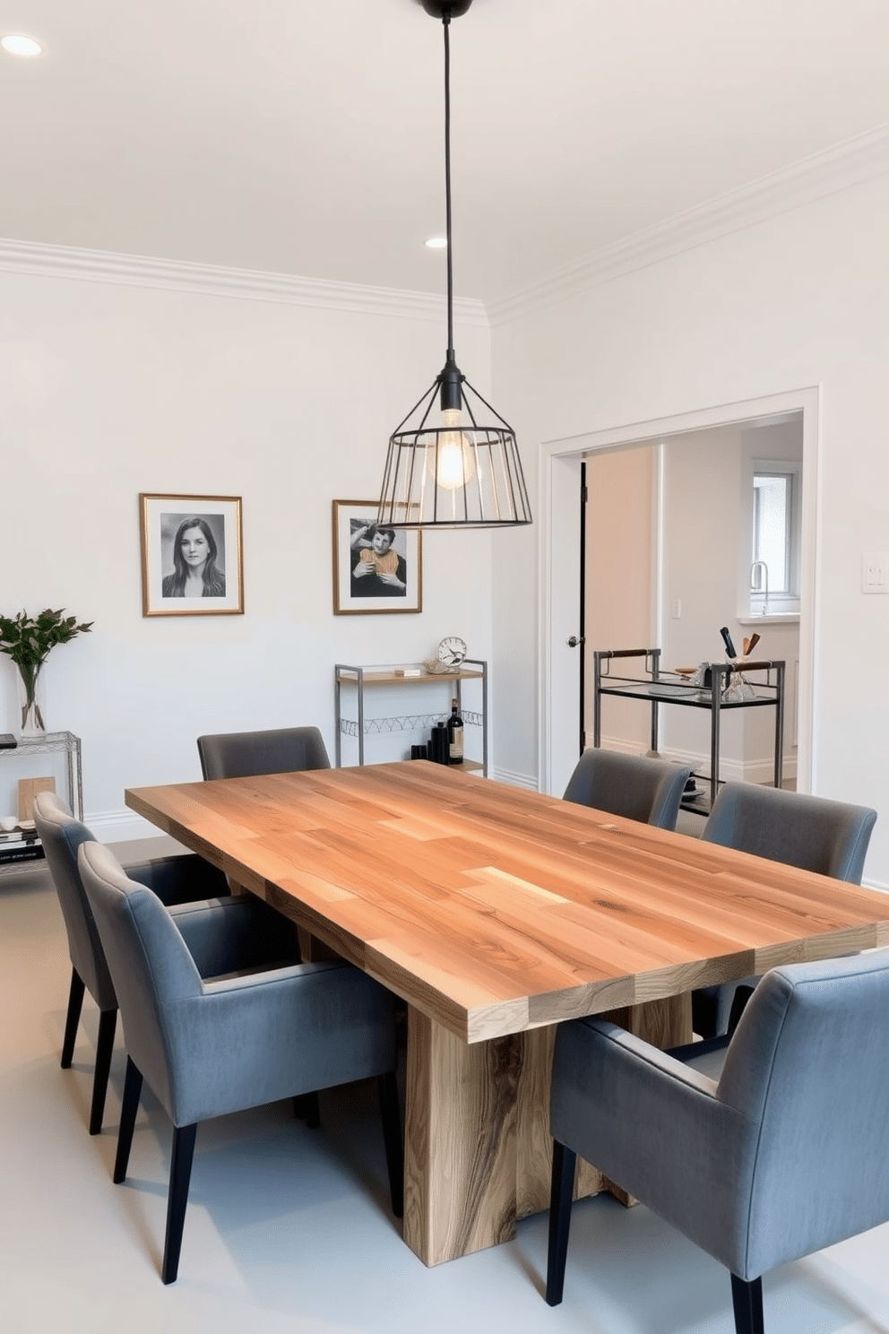 A contemporary dining room featuring a sleek, minimalist design with a large rectangular table made of reclaimed wood. Surrounding the table are upholstered chairs in a muted gray fabric, creating a cozy yet modern atmosphere. In one corner of the room, a stylish bar cart made of metal and glass adds functionality and elegance. The walls are painted in a soft white, while a statement pendant light hangs above the table, casting a warm glow over the space.