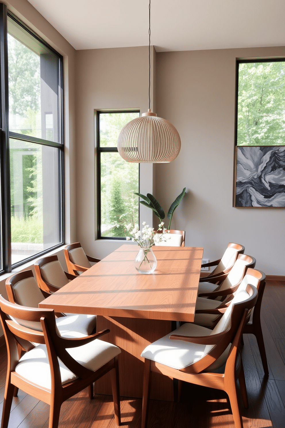 A contemporary dining room features a sleek wooden table surrounded by elegant wooden dining chairs with upholstered seats in a soft, neutral fabric. Large windows allow natural light to flood the space, highlighting the minimalist decor and a statement pendant light hanging above the table.