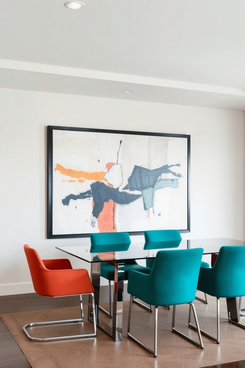 A contemporary dining room featuring a large abstract artwork as the focal point, set against a neutral-toned wall. The dining table is a sleek glass design, surrounded by modern upholstered chairs in a bold color that complements the artwork.