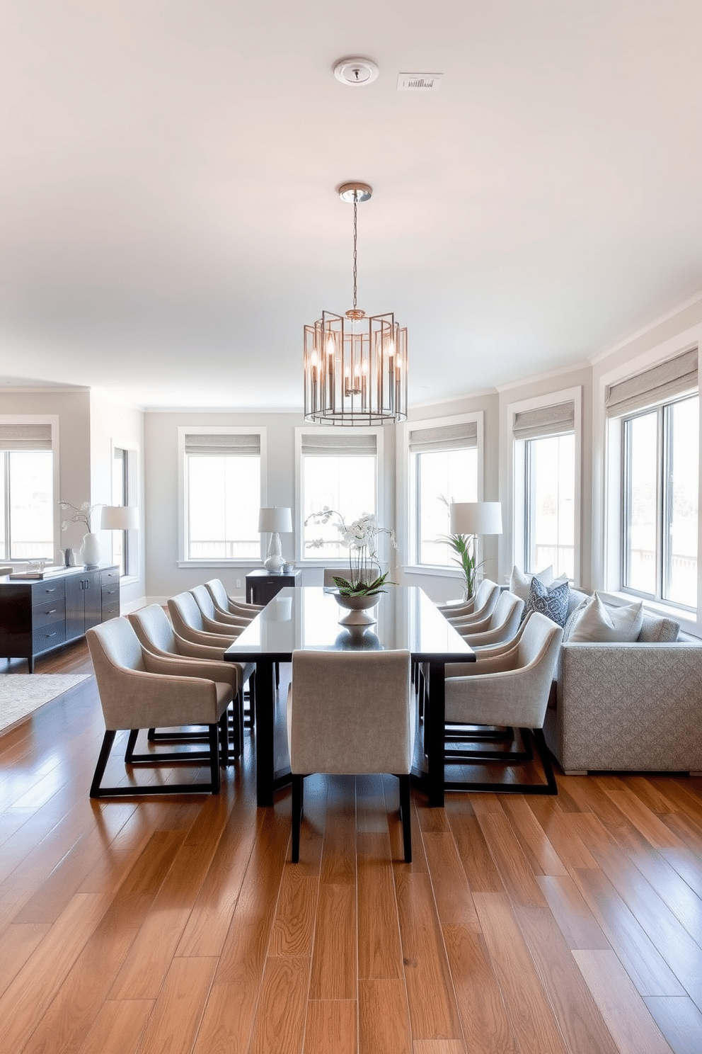 An open-concept layout features a seamless flow between the dining room and living area, creating a spacious and inviting atmosphere. The dining space is anchored by a sleek, rectangular table surrounded by modern upholstered chairs, with a statement chandelier overhead that adds elegance. Large windows allow natural light to flood the space, highlighting the warm wood tones of the flooring and the neutral color palette of the walls. A stylish sideboard against one wall provides both storage and a surface for decorative accents, enhancing the contemporary aesthetic.