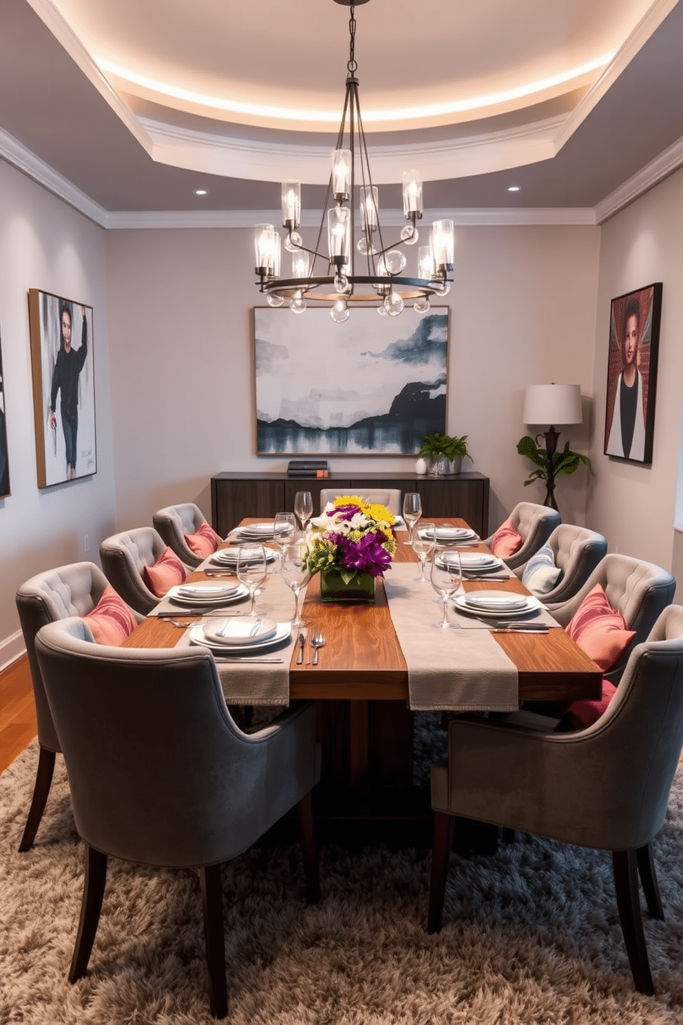 A contemporary dining room featuring a large wooden table surrounded by upholstered chairs in varying shades of gray. The walls are adorned with abstract art, and a statement chandelier hangs above the table, casting a warm glow over the layered textiles used in the table setting. Soft linen table runners and textured placemats create a cozy atmosphere, while colorful cushions on the chairs add a pop of color. A plush area rug anchors the space, providing warmth and inviting comfort to the modern design.