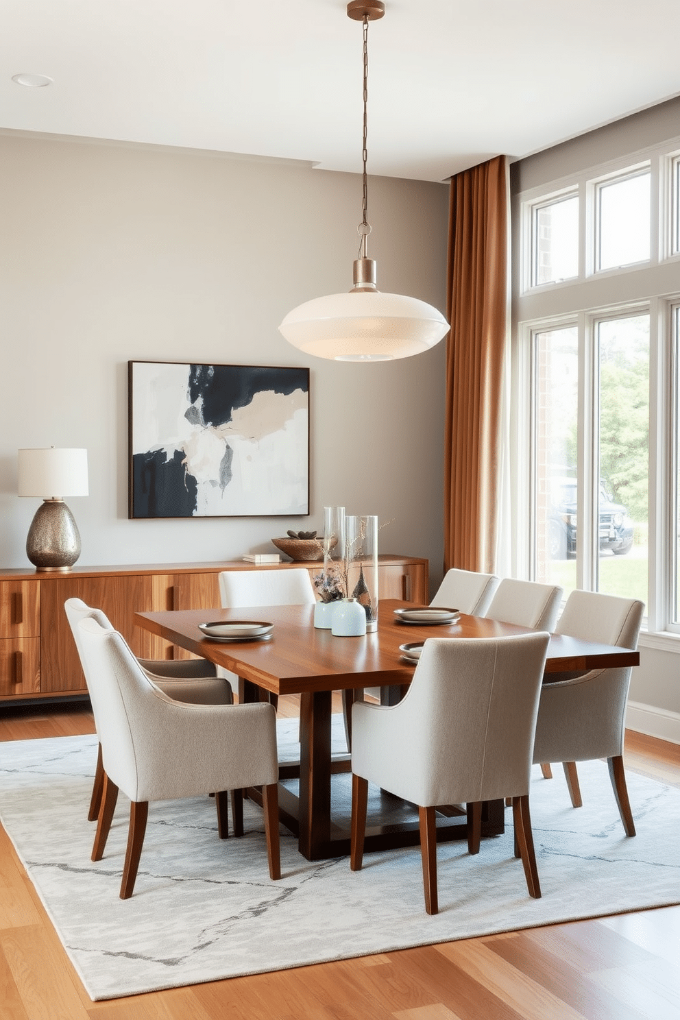 A contemporary dining room features a sleek wooden table surrounded by upholstered chairs in a neutral fabric. Statement pendant lights hang gracefully above the table, providing a warm glow that enhances the inviting atmosphere. The walls are adorned with abstract artwork that complements the room's color palette, while a large area rug anchors the space beneath the table. Large windows allow natural light to flood in, creating a bright and airy feel throughout the room.