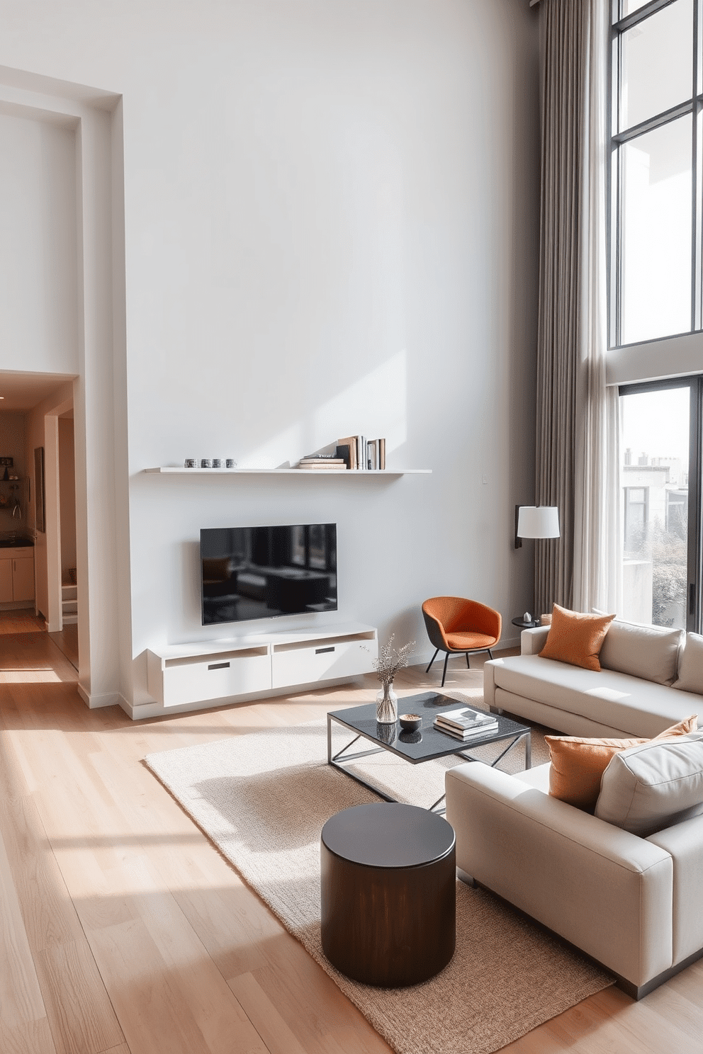 A minimalist shelving unit is installed against a light gray wall, featuring clean lines and a sleek design. The shelves are adorned with a few carefully selected decorative items, creating an uncluttered and serene atmosphere. The contemporary family room showcases an open layout with a large sectional sofa in a neutral tone, complemented by a geometric area rug. Floor-to-ceiling windows allow natural light to flood the space, highlighting a modern coffee table and stylish accent chairs.