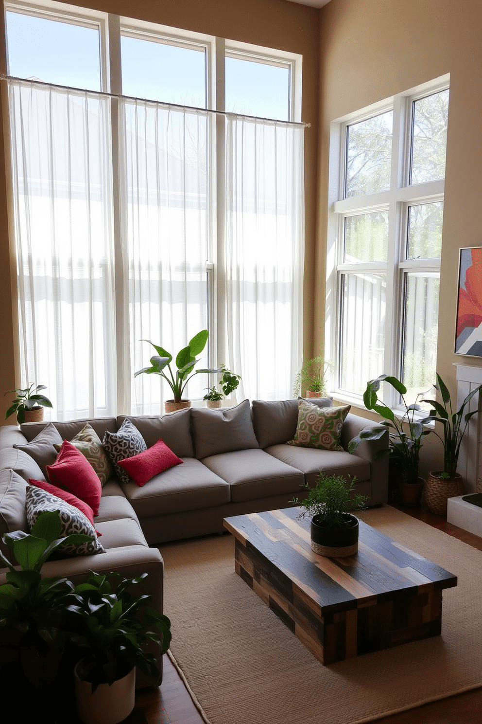 A contemporary family room filled with natural light, featuring large windows adorned with sheer white curtains. The space includes a plush sectional sofa in a soft gray fabric, accented by vibrant throw pillows and a stylish coffee table made of reclaimed wood. In one corner, a variety of indoor plants in decorative pots bring life to the room, creating a refreshing atmosphere. The walls are painted in a warm beige tone, complemented by a modern art piece above the sofa, enhancing the inviting ambiance.