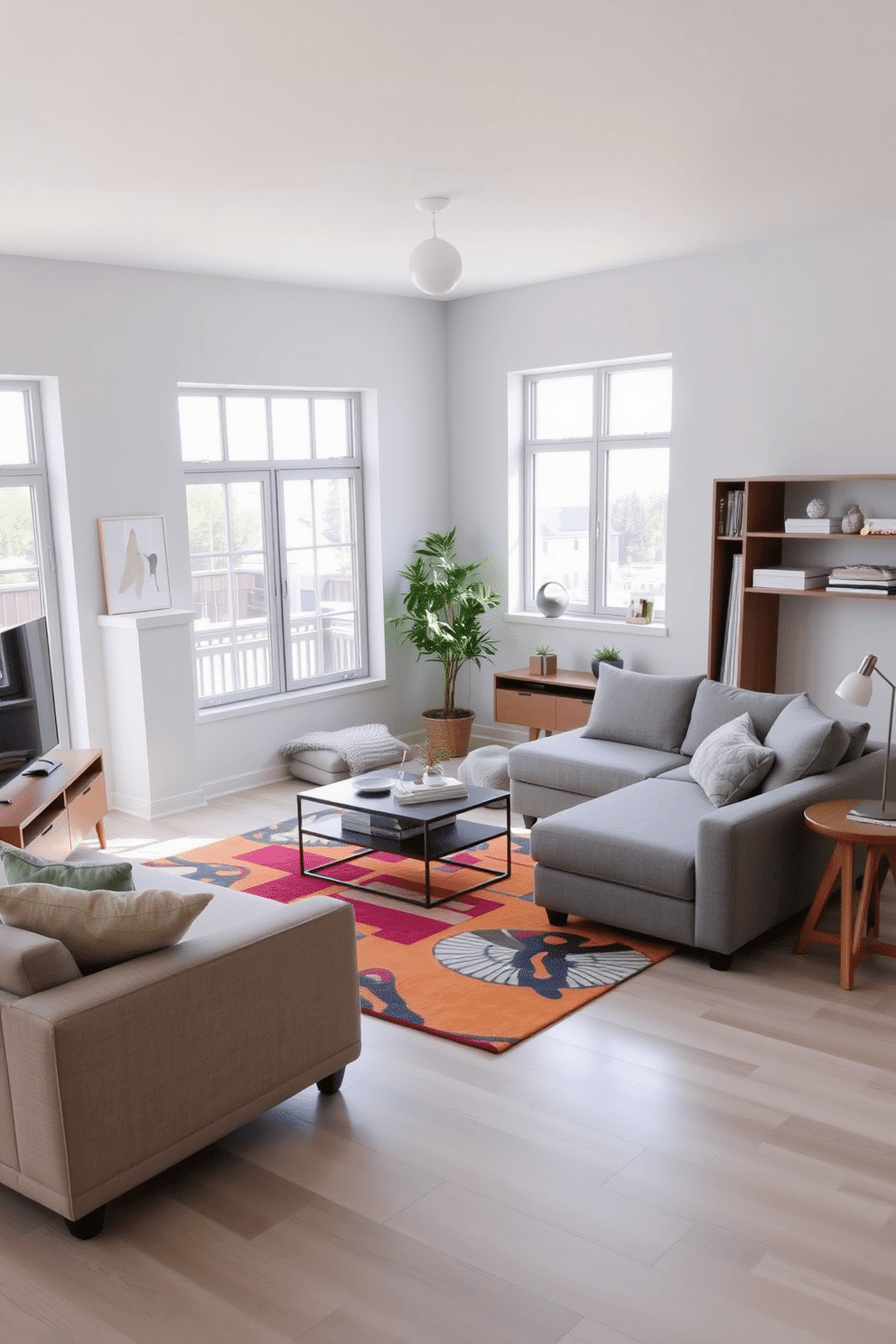 A contemporary family room featuring multifunctional furniture that maximizes space and versatility. The room includes a sleek sectional sofa that converts into a bed, paired with a stylish coffee table that doubles as storage. Bright, airy walls painted in soft gray create a serene backdrop, while large windows allow natural light to flood the space. A vibrant area rug anchors the seating area, and a wall-mounted entertainment unit provides both style and functionality.