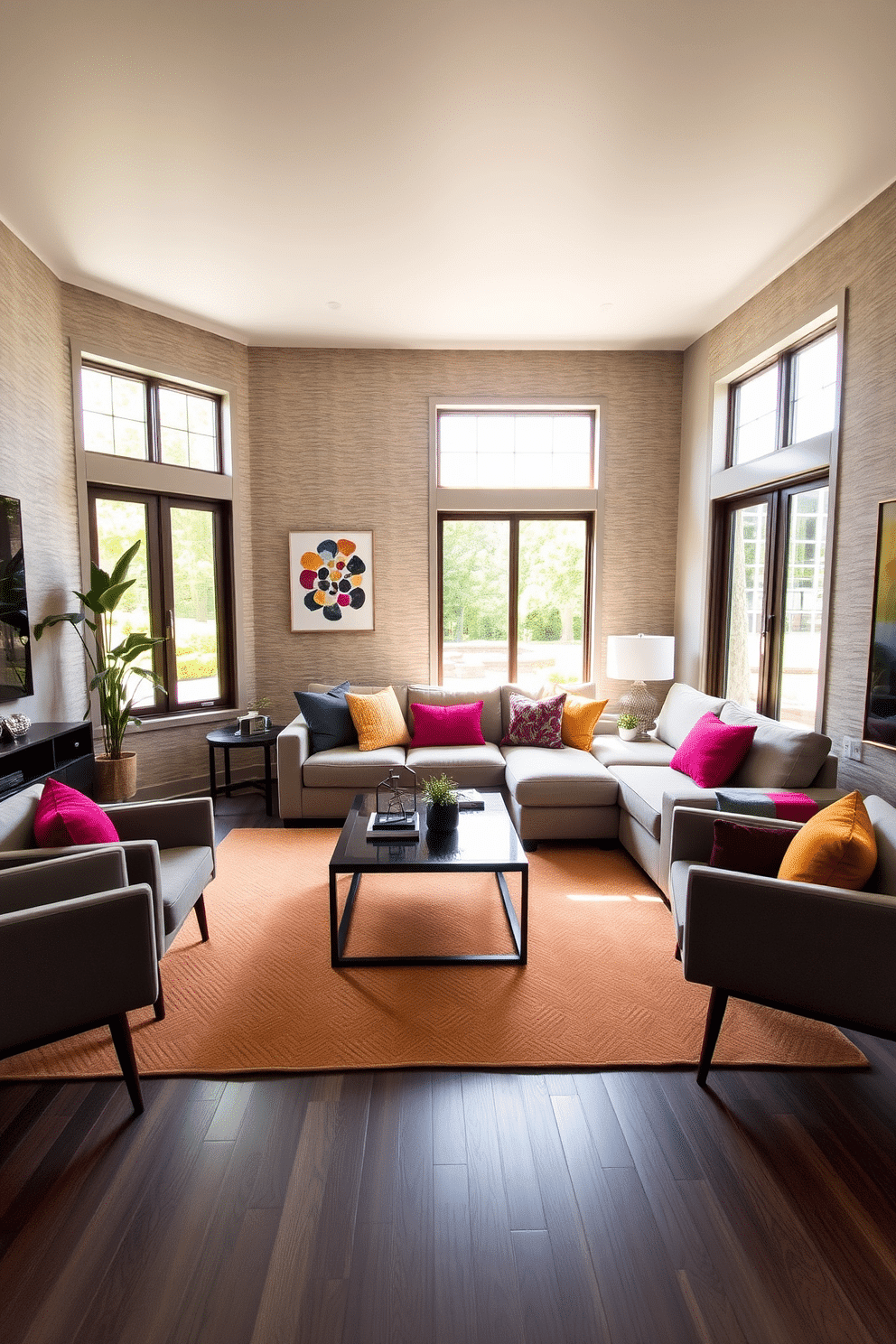 A contemporary family room featuring an accent wall adorned with textured wallpaper that adds depth and interest. The space is furnished with a plush sectional sofa in a neutral tone, complemented by vibrant throw pillows that introduce pops of color. A sleek coffee table sits at the center, surrounded by modern accent chairs that enhance the room's inviting atmosphere. Large windows allow natural light to flood in, illuminating the carefully curated decor and creating a warm, welcoming environment.