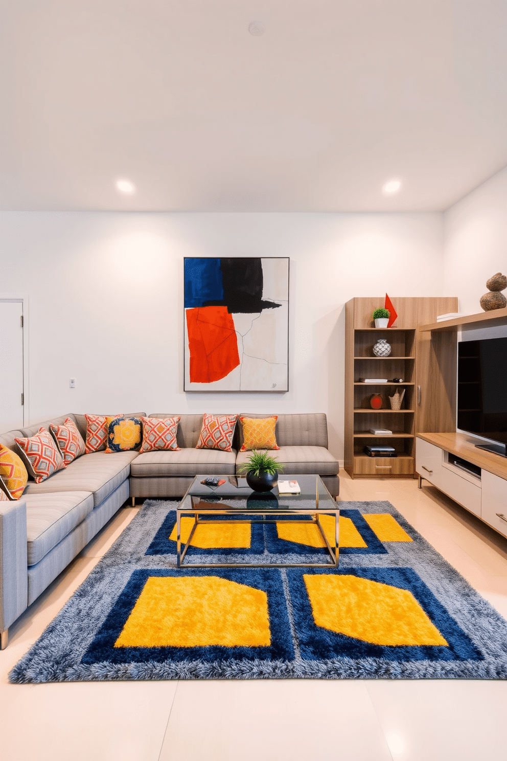 A contemporary family room features a large sectional sofa upholstered in a soft gray fabric, accented with vibrant geometric patterned throw pillows. The walls are painted a crisp white, and a large abstract art piece with bold geometric shapes hangs above a sleek, low-profile coffee table made of glass and metal. The floor is adorned with a plush area rug showcasing a striking geometric design in shades of blue and yellow, providing warmth and comfort. A modern entertainment unit with clean lines holds a flat-screen TV, while stylish shelves display decorative items that echo the room's geometric theme.