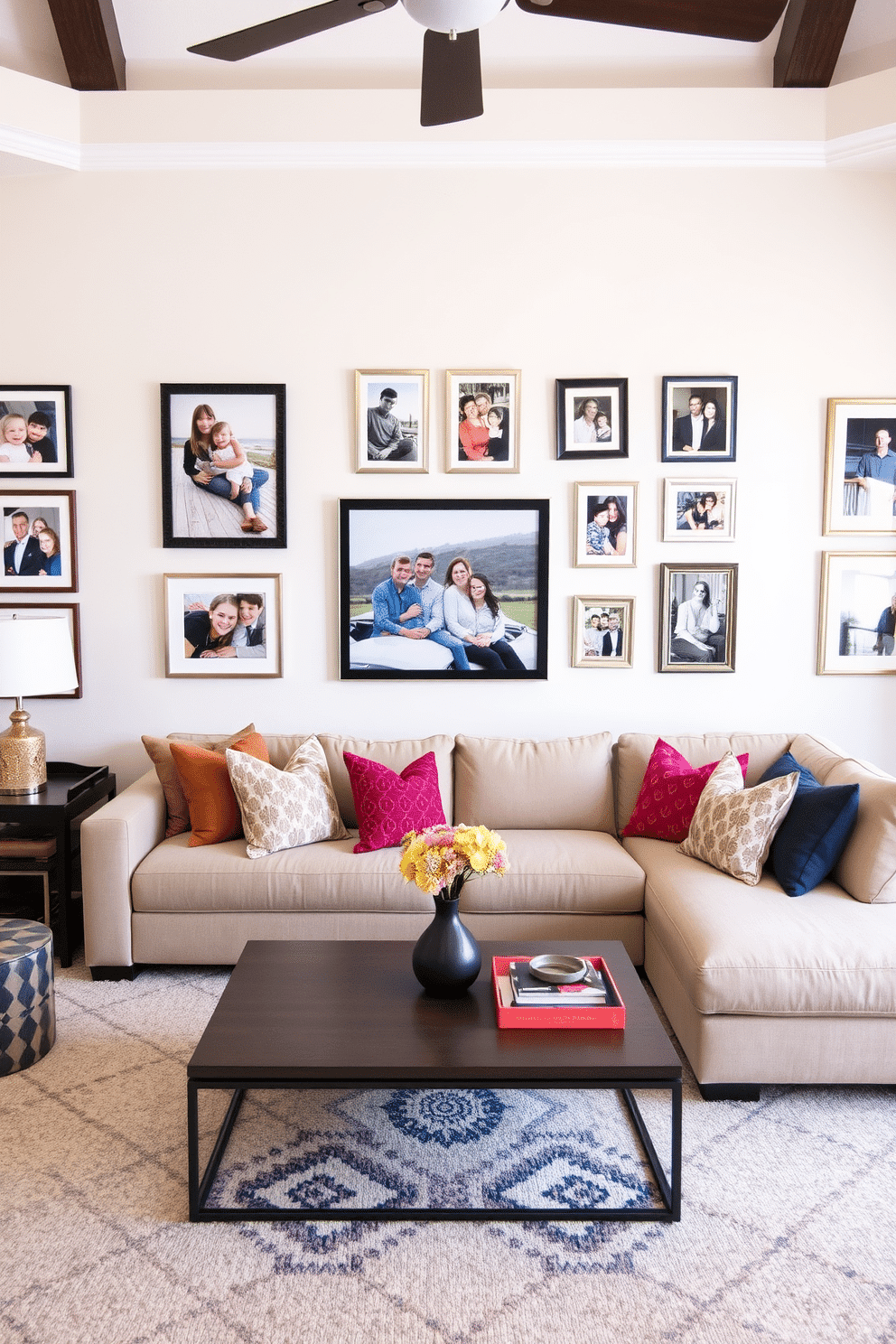 A contemporary family room filled with personalized decor featuring family photos arranged in stylish frames on the walls. The space includes a plush sectional sofa in a neutral color, complemented by vibrant throw pillows and a sleek coffee table at the center, creating an inviting atmosphere for gatherings.