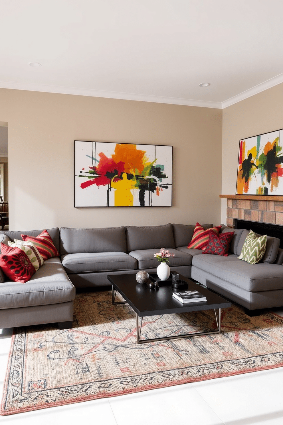 A contemporary family room featuring a neutral color palette with bold accents. The walls are painted in a soft beige, complemented by a plush gray sectional sofa adorned with vibrant, patterned throw pillows. A sleek coffee table sits at the center, surrounded by a mix of textured area rugs. A large piece of abstract art with splashes of color hangs above the mantel, adding a striking focal point to the space.