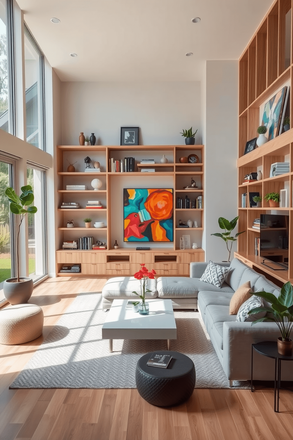 Open shelving lines the walls of a contemporary family room, showcasing an array of decorative items, books, and plants. The shelves are crafted from light wood, complementing the room's neutral color palette and providing a warm, inviting atmosphere. A plush sectional sofa in a soft gray fabric faces a sleek coffee table, creating a cozy gathering space. Large windows allow natural light to flood the room, enhancing the vibrant artwork that adorns the walls.