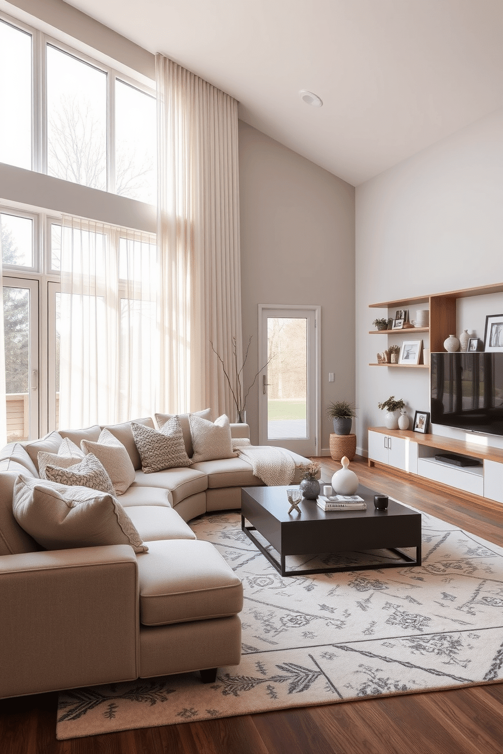 A contemporary family room featuring a cohesive color scheme of soft grays and warm whites. The space includes a plush sectional sofa adorned with textured throw pillows, a sleek coffee table, and a large area rug that ties the colors together. Large windows allow natural light to flood the room, complemented by sheer drapes that add an airy feel. A modern entertainment unit is positioned against one wall, showcasing decorative items and family photos for a personal touch.