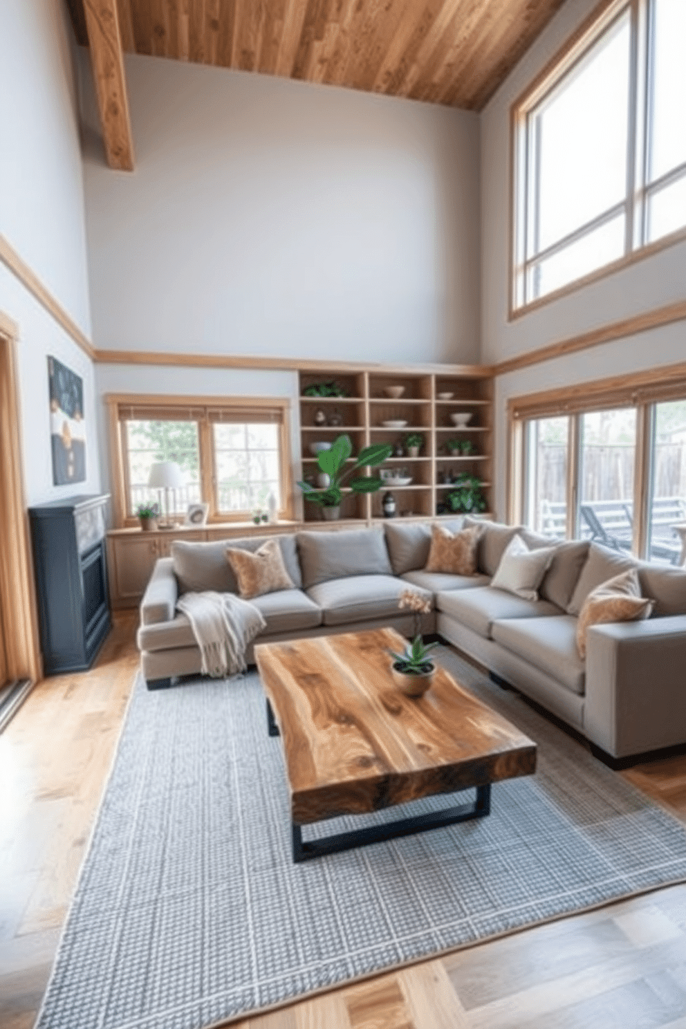 A contemporary family room featuring natural wood elements that create a warm and inviting atmosphere. The space includes a large sectional sofa in neutral tones, complemented by a reclaimed wood coffee table and built-in shelving made from light oak. Large windows allow natural light to flood the room, highlighting the textured area rug beneath the seating area. Accent pillows in earthy tones and a few indoor plants add a touch of color and life to the space.