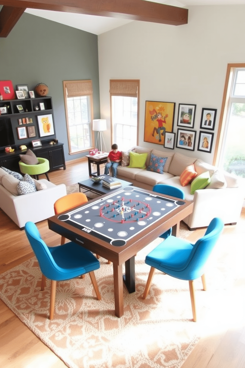 A contemporary family room filled with playful elements, featuring a stylish game table at the center. Surrounding the table are colorful, comfortable seating options, including a plush sectional sofa and vibrant accent chairs. The walls are adorned with cheerful artwork and family photos, adding a personal touch to the space. Large windows let in natural light, while a cozy area rug ties the room together, creating an inviting atmosphere for family gatherings.