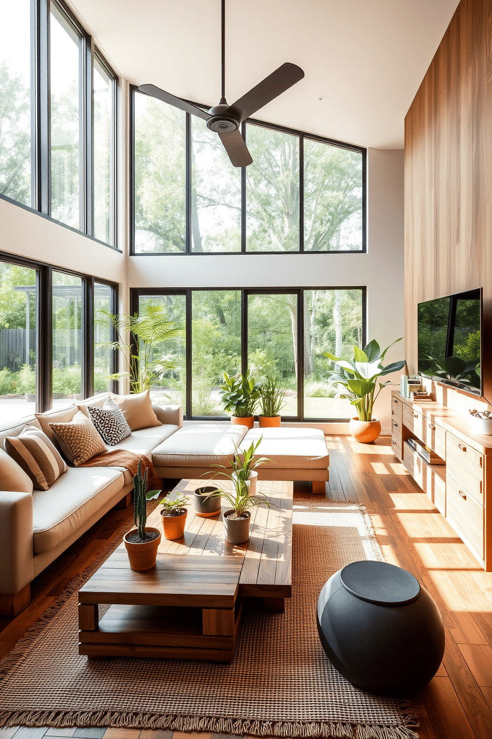 A contemporary family room designed with sustainable materials features reclaimed wood flooring and a large, comfortable sectional sofa upholstered in organic cotton. Natural light floods the space through expansive windows, illuminating a coffee table made from recycled materials, surrounded by potted plants that enhance the eco-friendly atmosphere. The room includes a minimalist entertainment unit crafted from bamboo, providing ample storage while maintaining a clean aesthetic. Accent pillows in earthy tones and a handwoven rug add warmth, creating a welcoming environment for family gatherings.