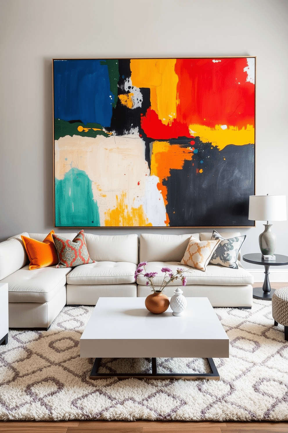 A contemporary family room featuring a statement art piece as the focal point. The walls are painted in a soft gray, complementing the vibrant colors of the large abstract painting that dominates the space. The room includes a plush sectional sofa in a neutral tone, accented with colorful throw pillows. A sleek coffee table sits in the center, surrounded by a cozy area rug that adds warmth and texture to the design.