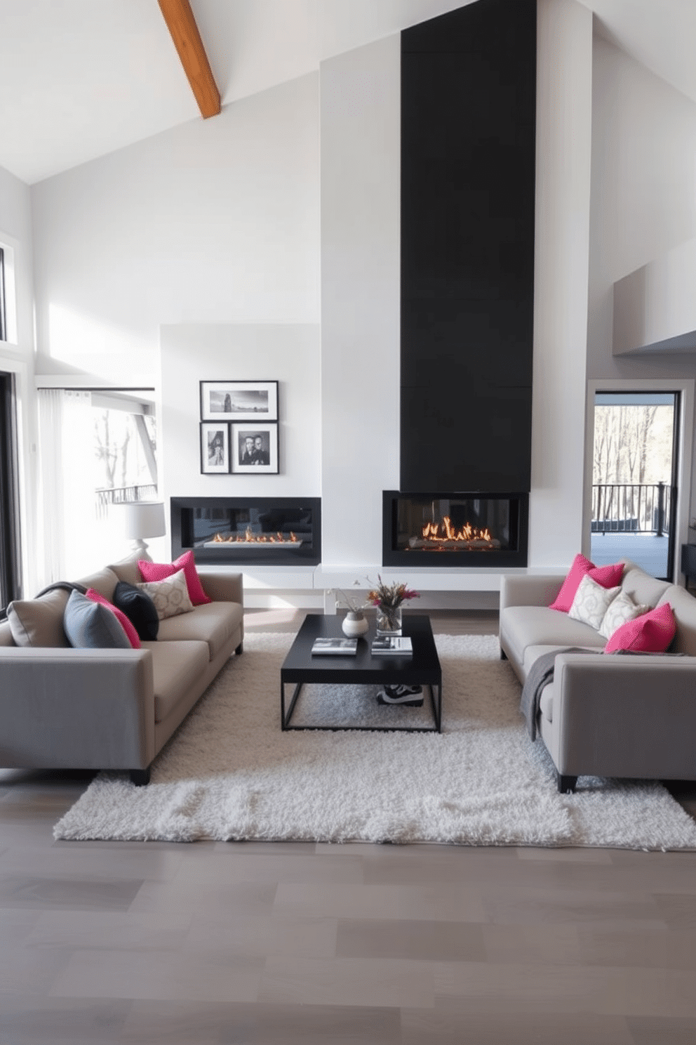 A sleek fireplace with a modern surround serves as the focal point of the contemporary family room. The space features a plush sectional sofa in a neutral tone, complemented by vibrant accent pillows and a stylish coffee table in the center. Large windows allow natural light to flood the room, highlighting the minimalist decor and clean lines. A soft area rug anchors the seating arrangement, while a gallery wall of framed artwork adds a personal touch to the ambiance.