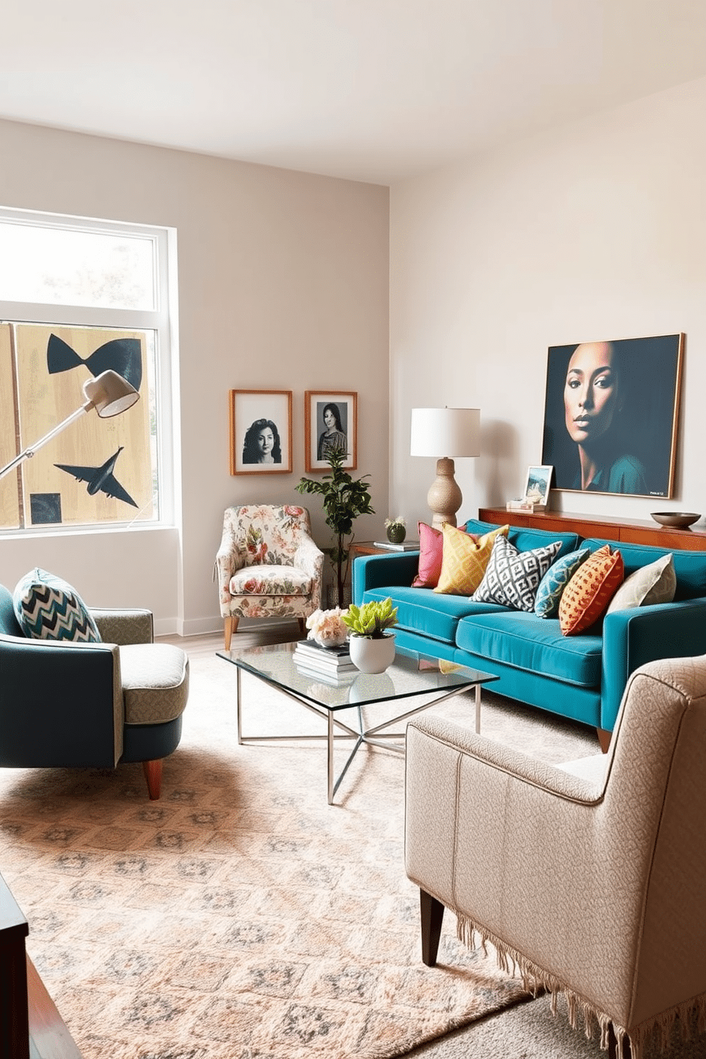 A contemporary family room featuring a harmonious blend of vintage and modern furniture. A plush, mid-century sofa in a rich teal fabric is paired with a sleek glass coffee table and an eclectic assortment of colorful throw pillows. In one corner, a vintage armchair with a floral pattern complements a modern floor lamp with a minimalist design. The walls are adorned with abstract art pieces, and a soft area rug in neutral tones anchors the space, creating a cozy atmosphere for family gatherings.