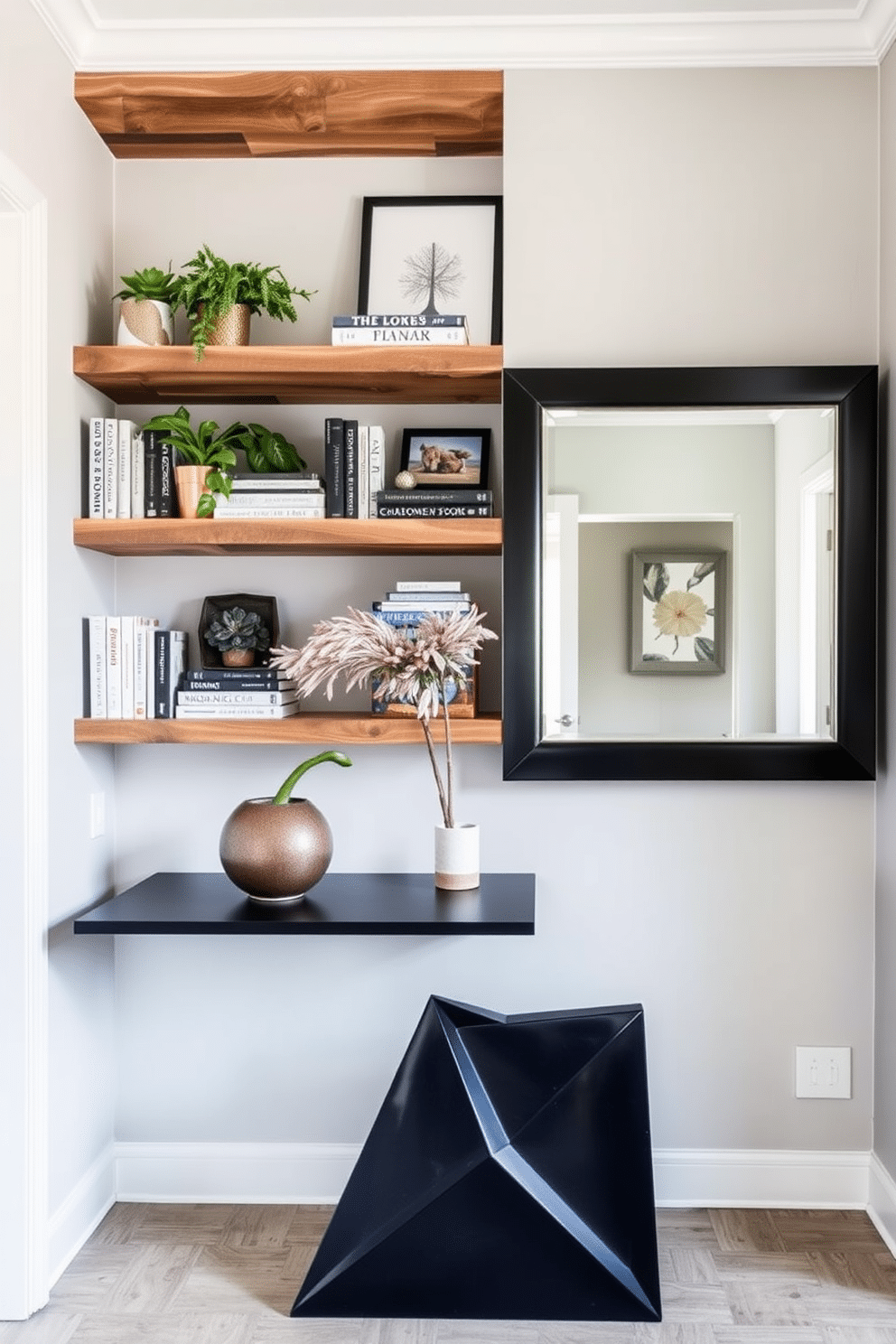 Open shelving for decorative storage. The shelves are made of reclaimed wood, displaying a curated collection of books, plants, and unique art pieces. Contemporary foyer design ideas. The space features a sleek console table with a geometric design, paired with a bold, oversized mirror that reflects natural light.