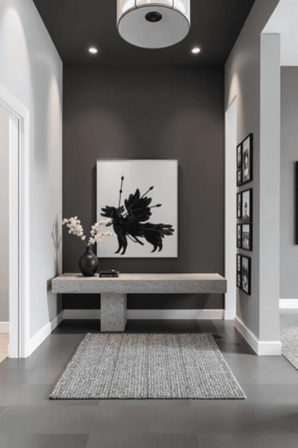 A contemporary foyer featuring a monochromatic color scheme that emphasizes shades of gray. The space is designed with a sleek, minimalist console table made of polished concrete, paired with a textured wool area rug that adds warmth underfoot. On one side, a large, abstract black-and-white artwork serves as a focal point, while the opposite wall showcases a collection of framed photographs in varying sizes. The lighting is soft and ambient, with recessed ceiling lights and a statement pendant lamp that adds a touch of elegance.