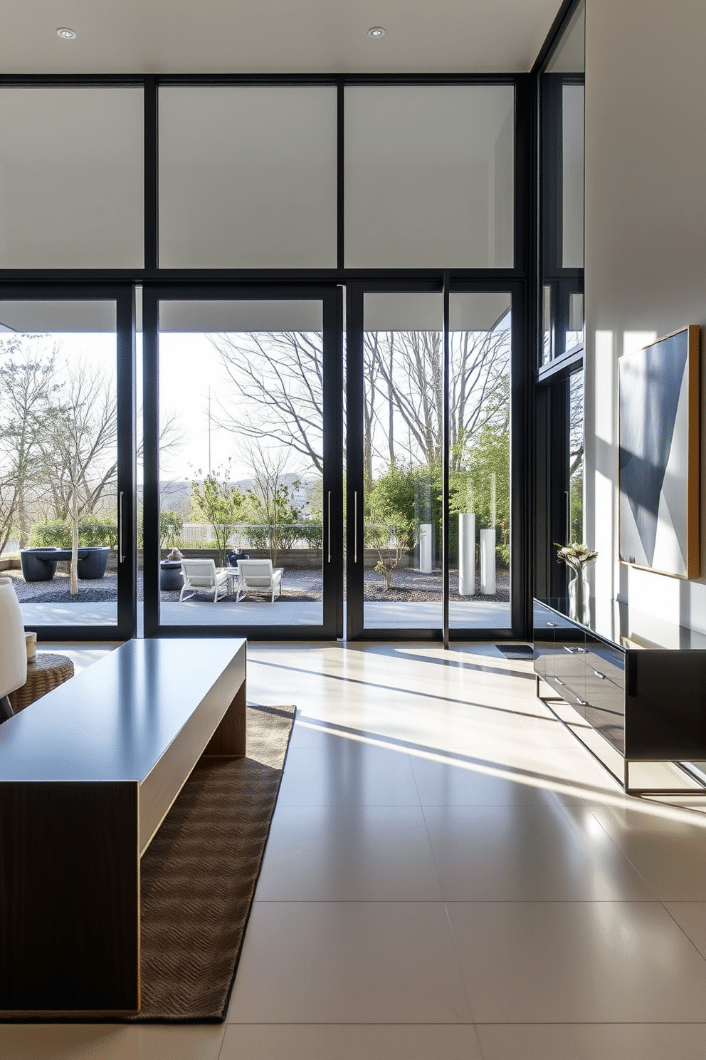 A contemporary foyer featuring expansive glass doors that invite natural light, creating an airy and welcoming atmosphere. The space is adorned with sleek, minimalist furniture, including a stylish console table and a statement piece of modern art on the wall.