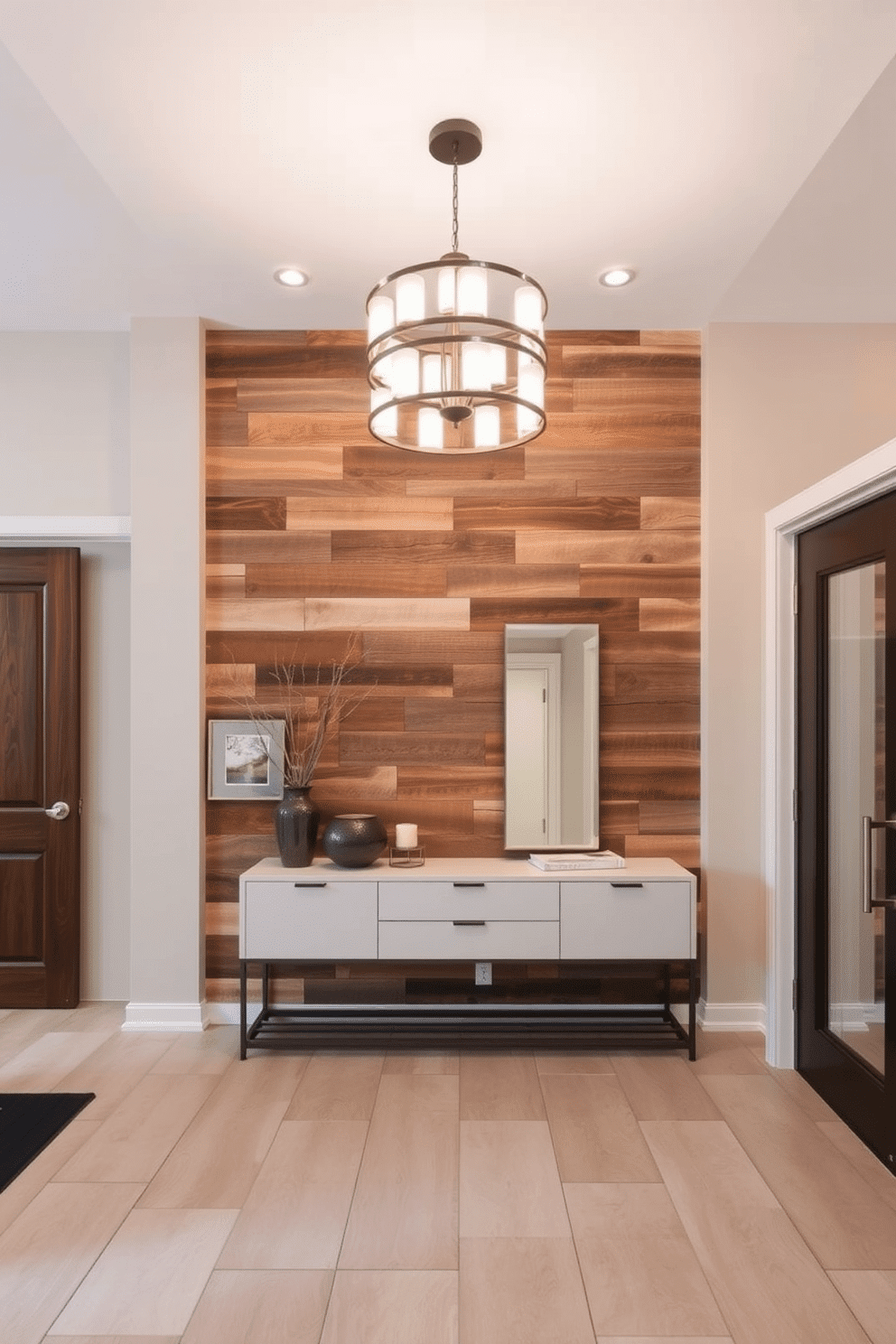 A striking foyer features an accent wall made of reclaimed wood, showcasing its rich textures and natural variations. The space is illuminated by a modern chandelier that complements the warmth of the wood, creating an inviting atmosphere. The floor is adorned with large-format tiles in a neutral tone, providing a sleek contrast to the rustic wall. A stylish console table against the accent wall displays decorative items and a large mirror that enhances the sense of space and light.