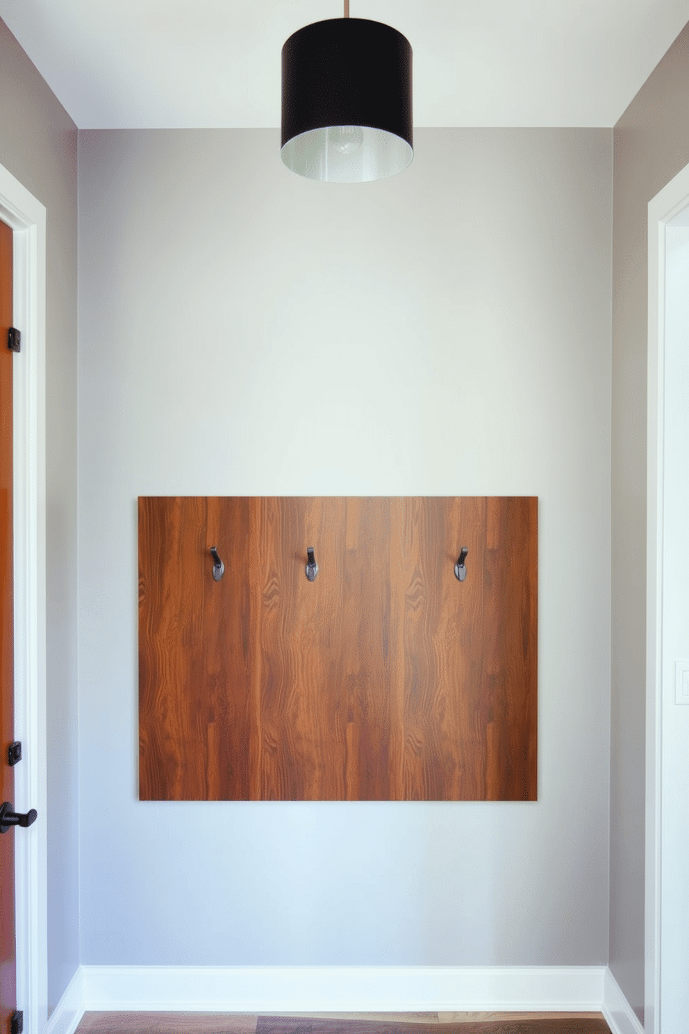 A contemporary foyer featuring a custom built-in coat rack made of sleek, dark wood with minimalist metal hooks. The space is illuminated by a modern pendant light, and the walls are adorned with a soft gray paint that complements the warm wood tones.