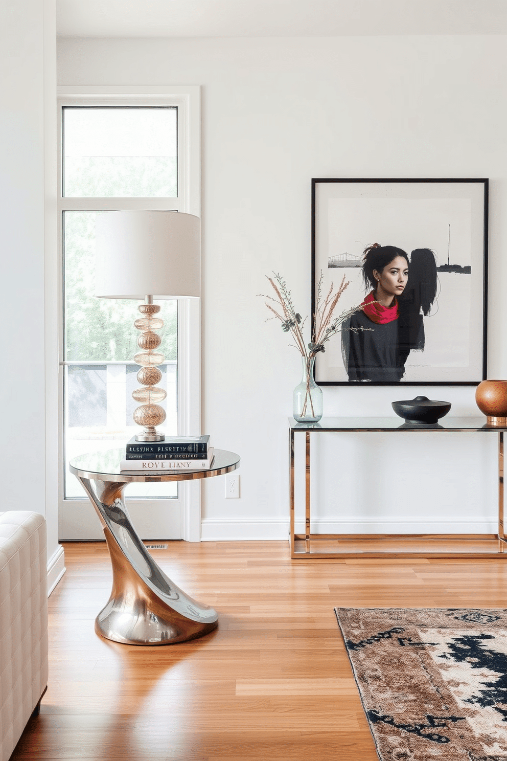 An elegant side table with a sculptural design stands gracefully in the corner of a modern living room. Its unique curves and polished finish create a striking focal point, complemented by a decorative lamp and a few art books atop it. The contemporary foyer features a sleek console table made of glass and metal, reflecting natural light from a large window. A bold piece of abstract art adorns the wall behind, while a stylish rug adds warmth and texture to the entryway.