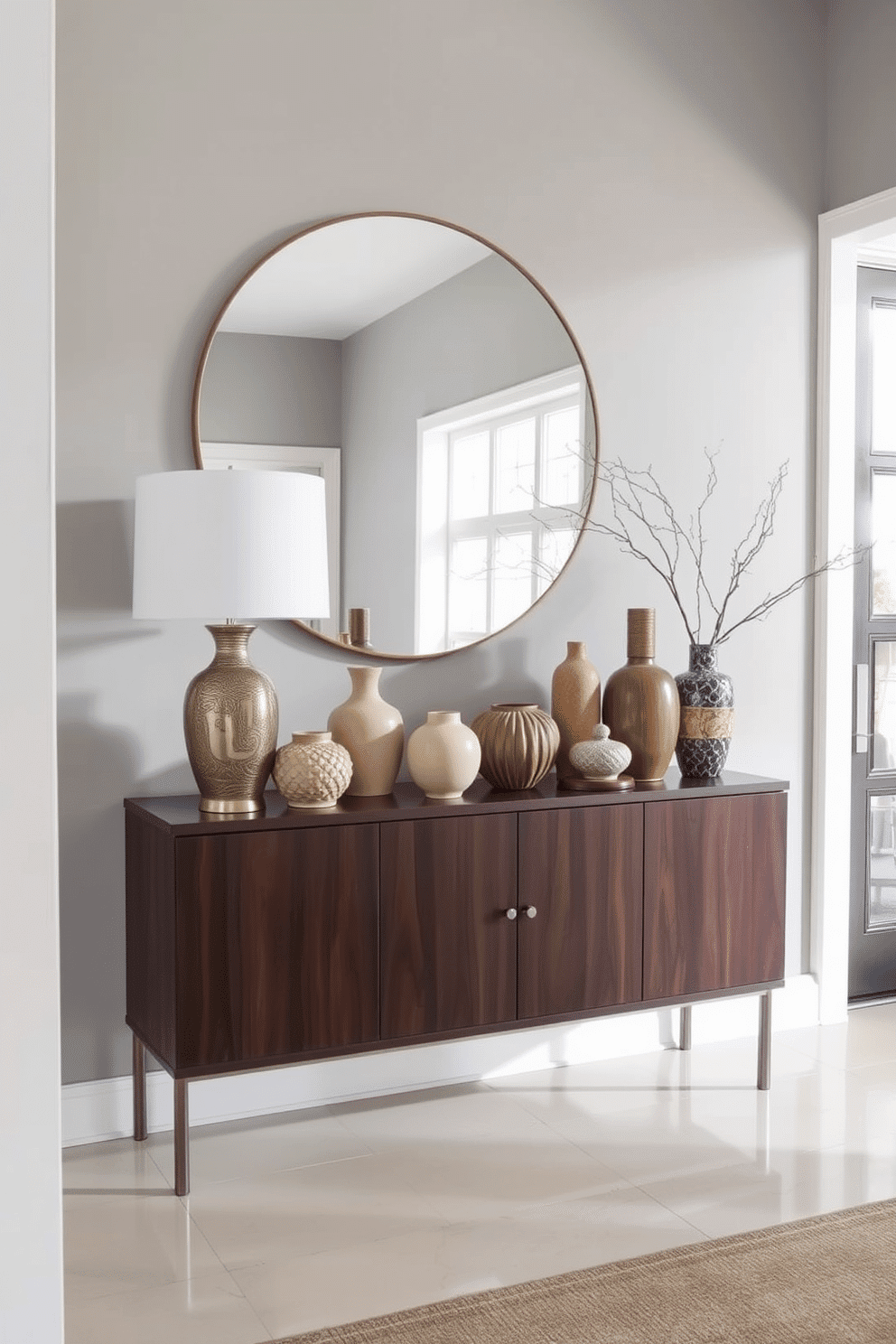 A stylish foyer features a sleek console table made of dark wood, adorned with an array of decorative vases in varying heights and textures. The wall behind is painted a soft gray, complemented by a large round mirror that reflects natural light, creating an inviting atmosphere.